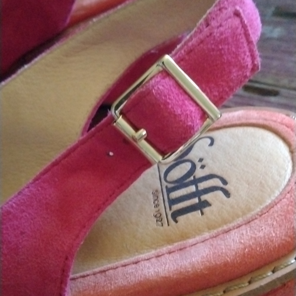 Sofft Pink and Orange Suede Wedge Sandals - Picture 3 of 8